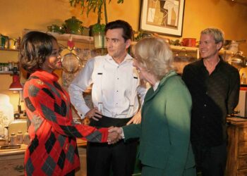 Queen Camilla drops in on ‘Rivals’ set in a tribute to her friend Jilly Cooper