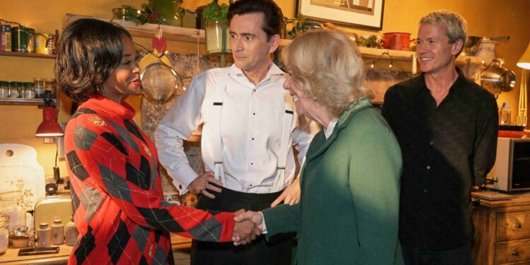 Queen Camilla drops in on ‘Rivals’ set in a tribute to her friend Jilly Cooper