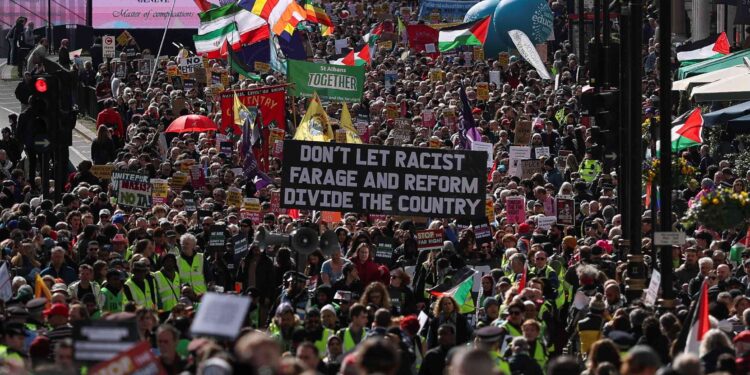 UK protesters march in London to oppose the rise of political right